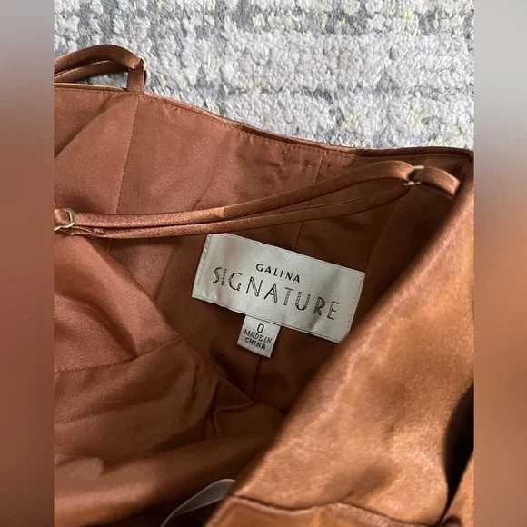 Galina Signature Charmeause Draped One-Shoulder Dress | Tawny Color | Size 0 - Picture 8 of 9